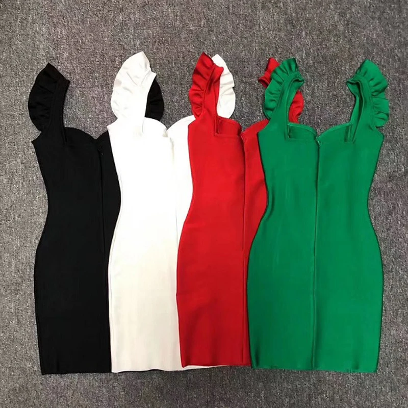 

Elegant White Black Red Green Spaghetti Strap Bandage Dress Women Fashion Mini Celebrity Square Collar Dress Vestidos Wholesale