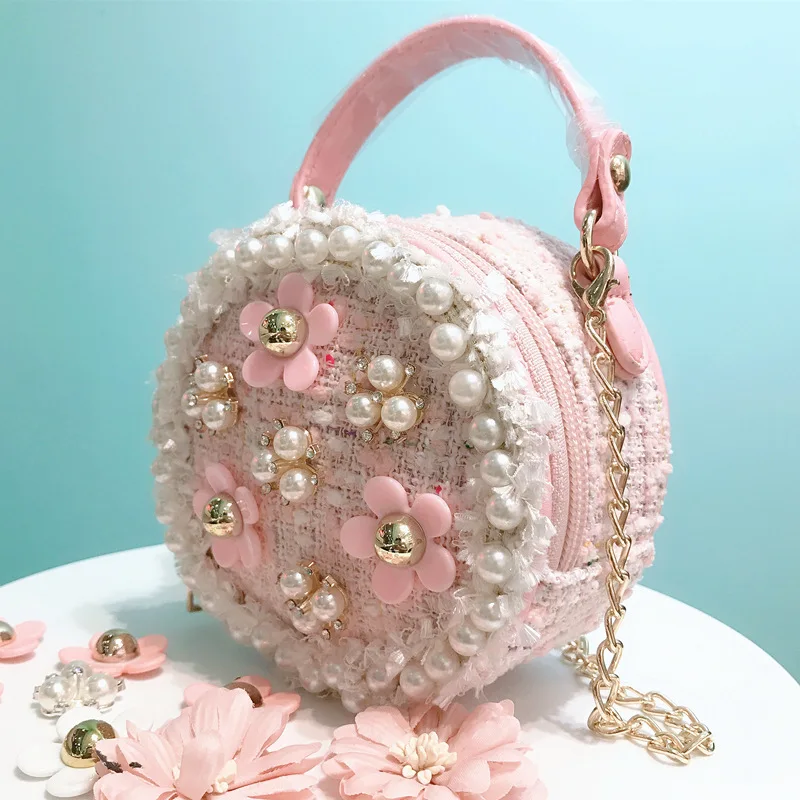 Small Purses and Handbags for Kids Shoulder Bags Girls Pearl Flowers Princess Messenger Crossbody Bags 1-3 Years Old Baby Bags