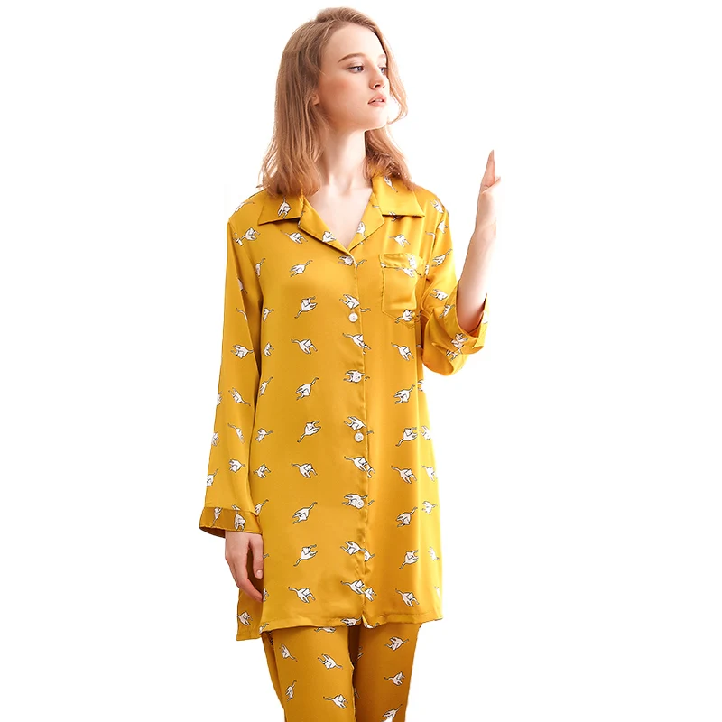 2 Pieces Faux Silk Satin Women Pajamas Set  Autumn Sexy Sleepwear Lingerie Ladies Pyjamas Long Sleeve Home   Nightdress