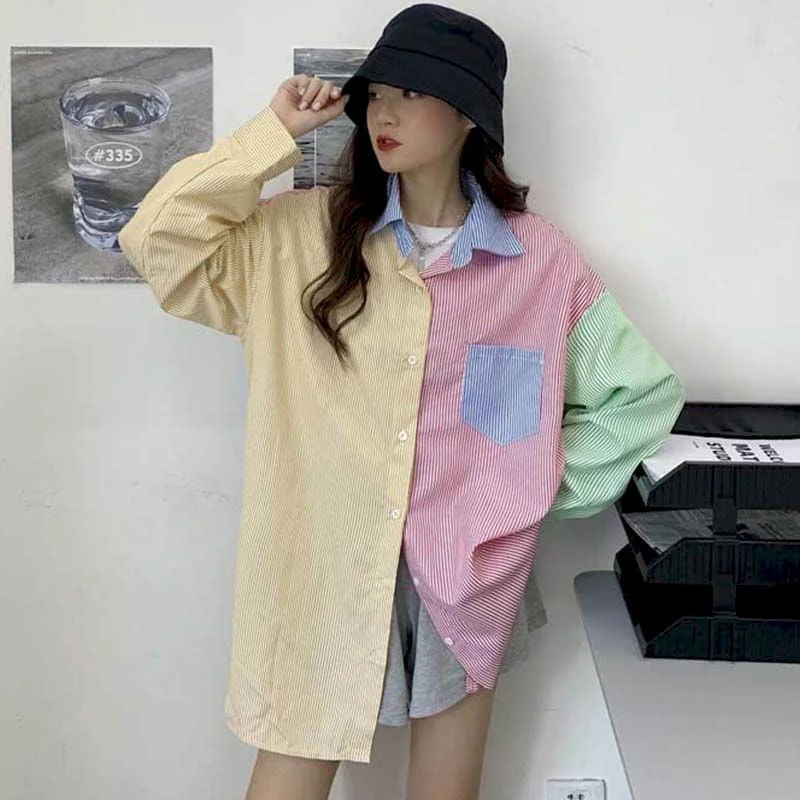 

Shirts Women Blouses Western Style Blouse 2021 Autumn Korean Loose Versatile Contrast Striped Long-sleeved Sunscreen Shirts Top
