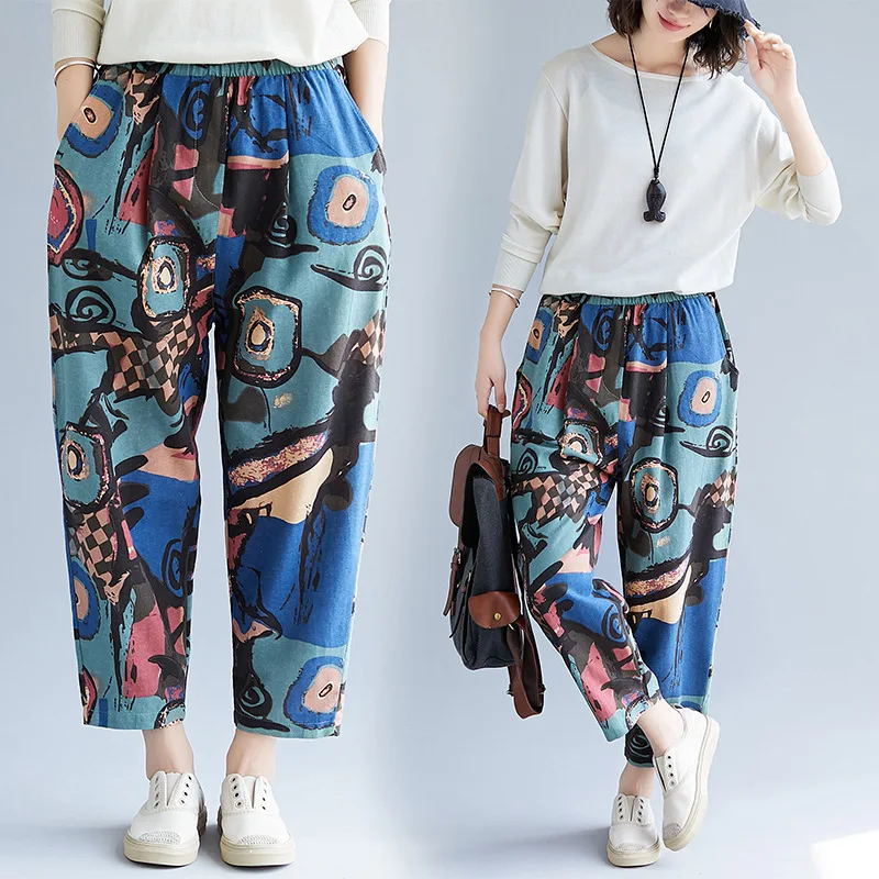 

2020 Vintage Printed Harem Pants Women Trousers Casual Elastic Waist Cotton Linen Turnip Pants Loose Plus Size Women Pants 61A