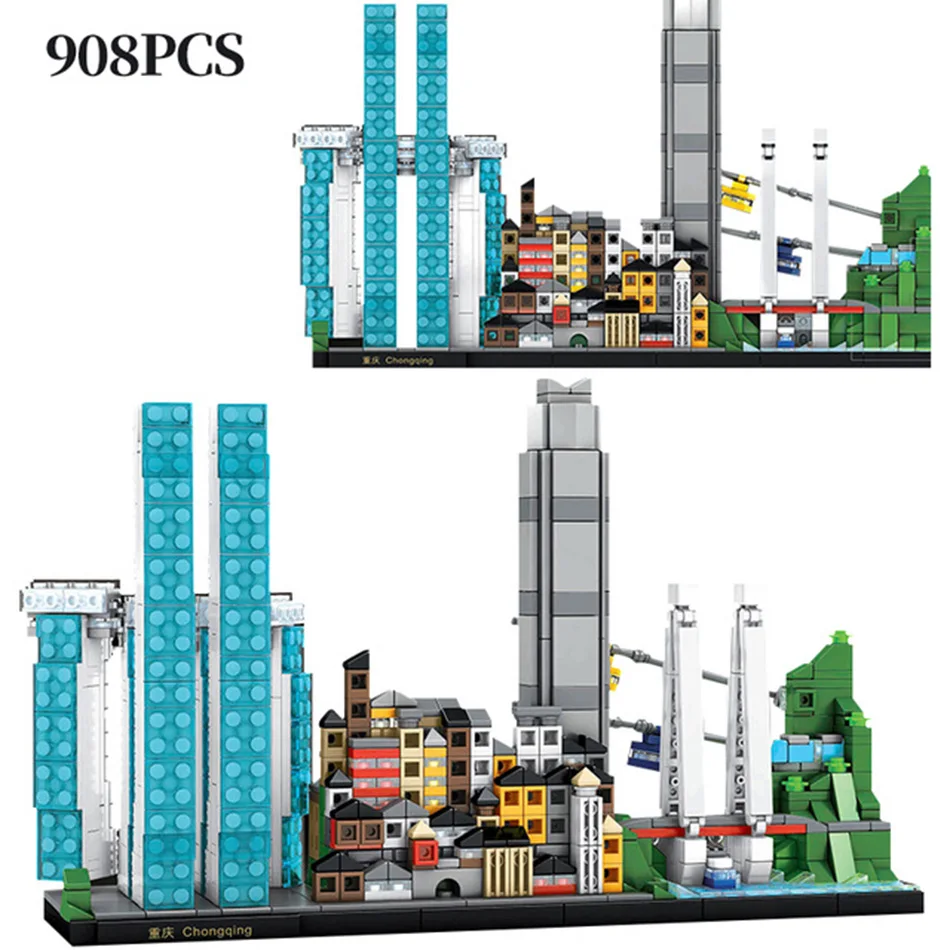 

900+PCS Skyline LED Light Guangzhou Chongqing Architecture Building Blocks Streetview Bricks City Kids Toys For Children