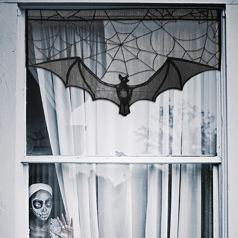 Black Lace Witch Bat Skull Spider Web Tablecloth Table Lamp Fireplace Cover Decoration Halloween Window Door Curtain Home Decor | Дом и сад