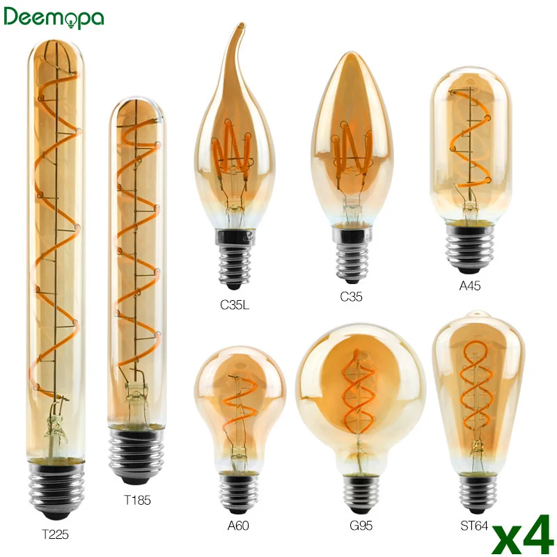 

4pcs/lot LED Spiral Filament Light Bulb E14 E27 4W 2200K 220V C35 A60 T45 ST64 T185 T225 G80 G95 G125 Vintage Edison LED Lamp