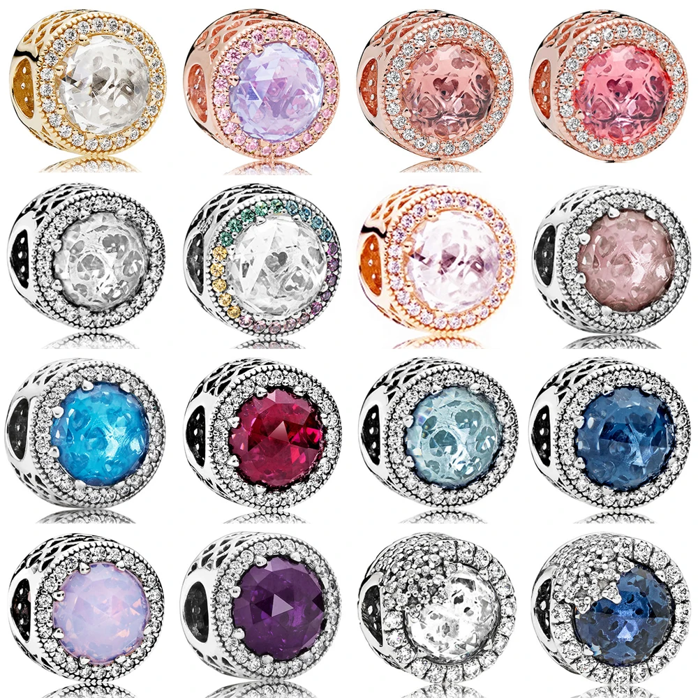 

NEW 100% Real 925 Sterling Silver Round Multicolor Charms Beads Clear CZ Fit Brand Bracelet Original Jewelry Set Gift