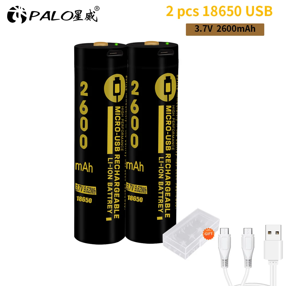 PALO USB 3,7 V 18650 2600mAh литий-ионная USB аккумуляторная батарея для флэш-светильник с Светодиодный индикатор светильник DC-зарядка - Цвет: 2PCS