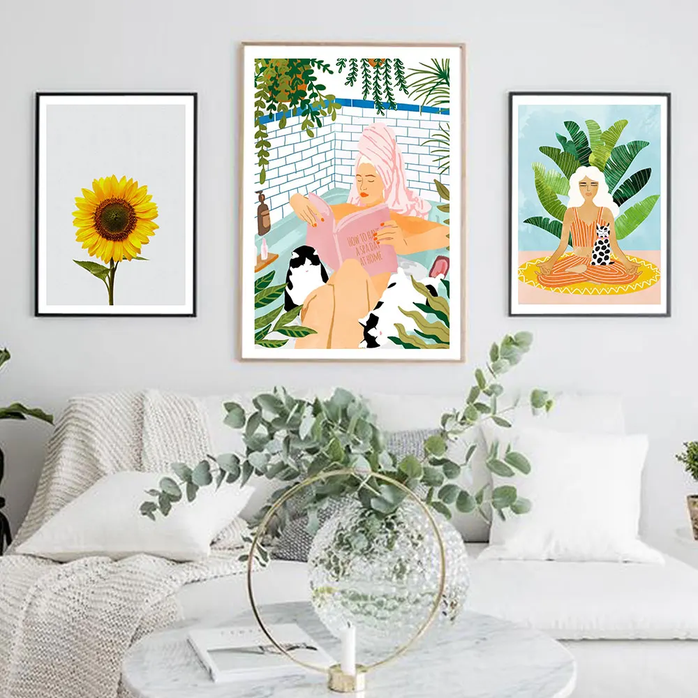 

Fashion Woman Poster Yoga Wall Art Black Cat Leafs Canvas Painting Abstract Pictures Nordic Print Wall Pictures for Living Room