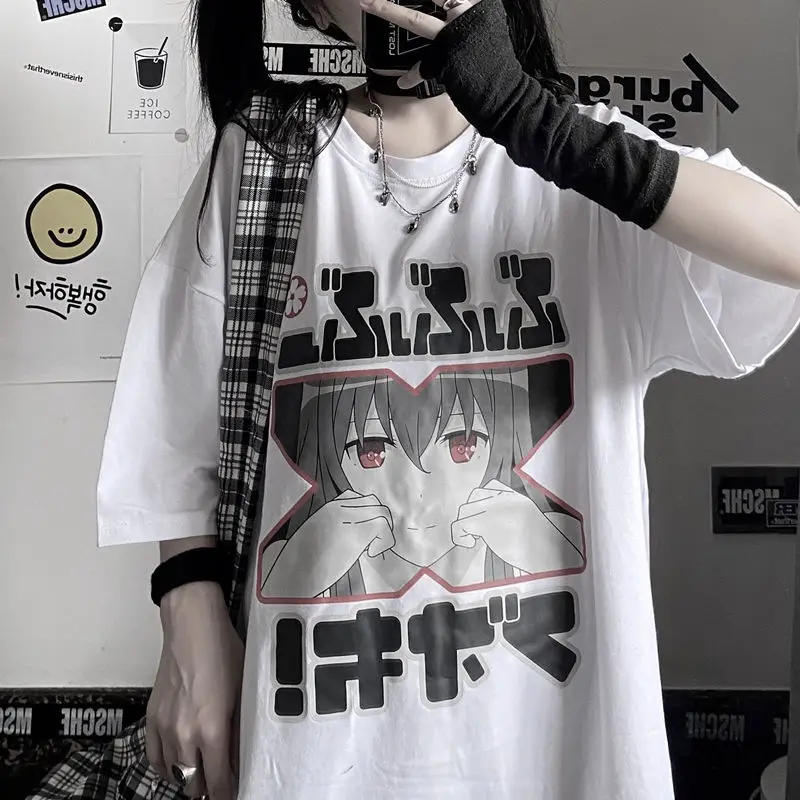 

Harajuku Korea T Shirt Women Unisex Anime Bunny Fashion Cute Aesthetic Grunge Black Tee Satantic Gothic Clothes Shirt Black Tops