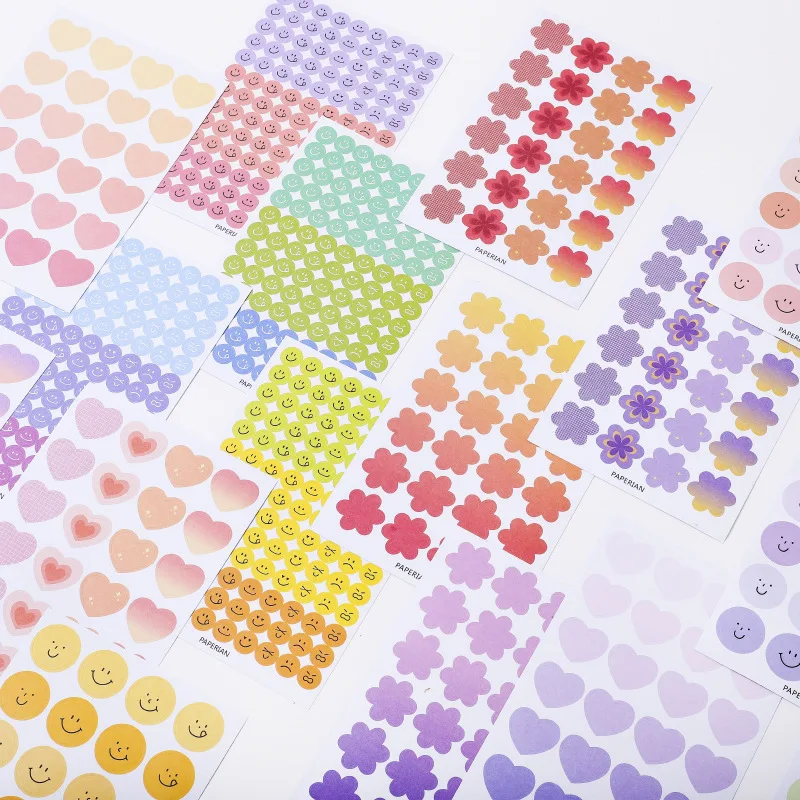 

4 листа, милые декоративные ярлыки, цветовые круглые наклейки в виде любящего сердца для скрапбукинга