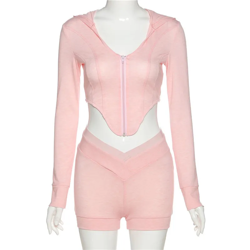 

Sporty Two Piece Set Tracksuit Women Hooded Corset Crop Top Long Sleeve Cardigan and Shorts Matching Sets