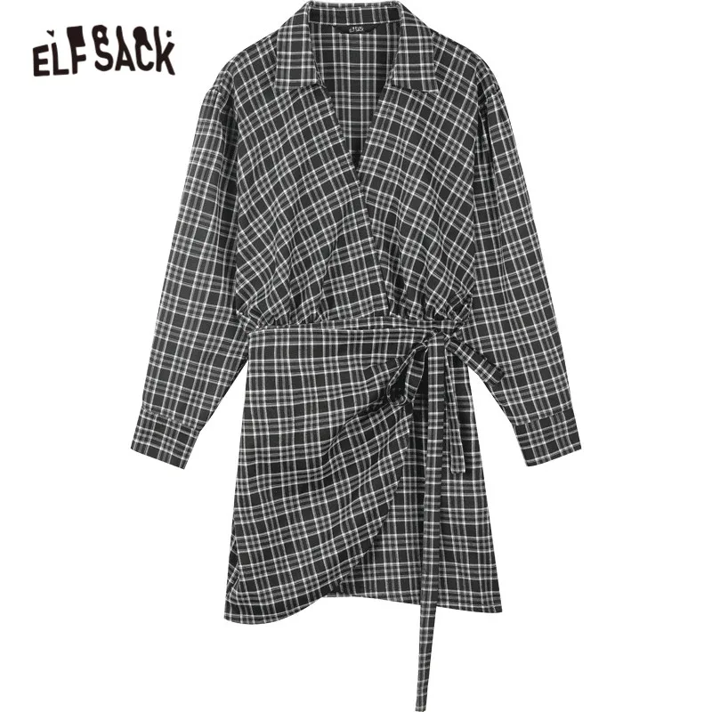 

ELFSACK Plaid British Straight Casual Vintage Dresses Women,2021 Spring Belted Full Sleeve Korean Ladies Summer Party Dress