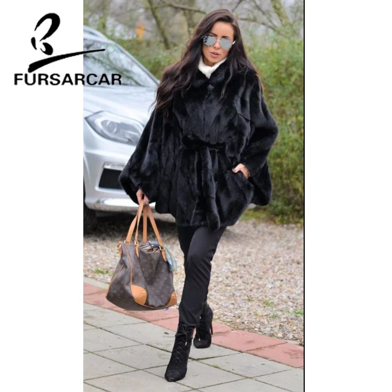 FURSARCAR природный натуральный мех пальто Женская цельная модная норка шуба Черная Стильная роскошная женская Норковая Шуба с рукавами «летучая мышь»