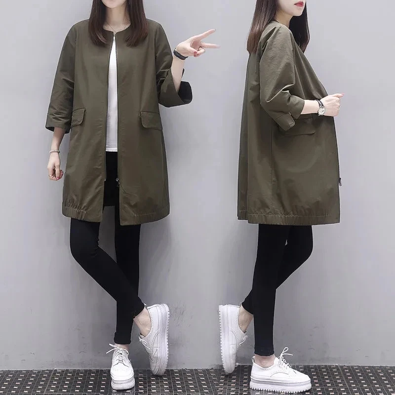 

2021Summer New Three-Quarter Sleeve Trench Coat Women Loose Large Size Coat Thin Jacket Female Mid-Length Round Neck Blouse A150