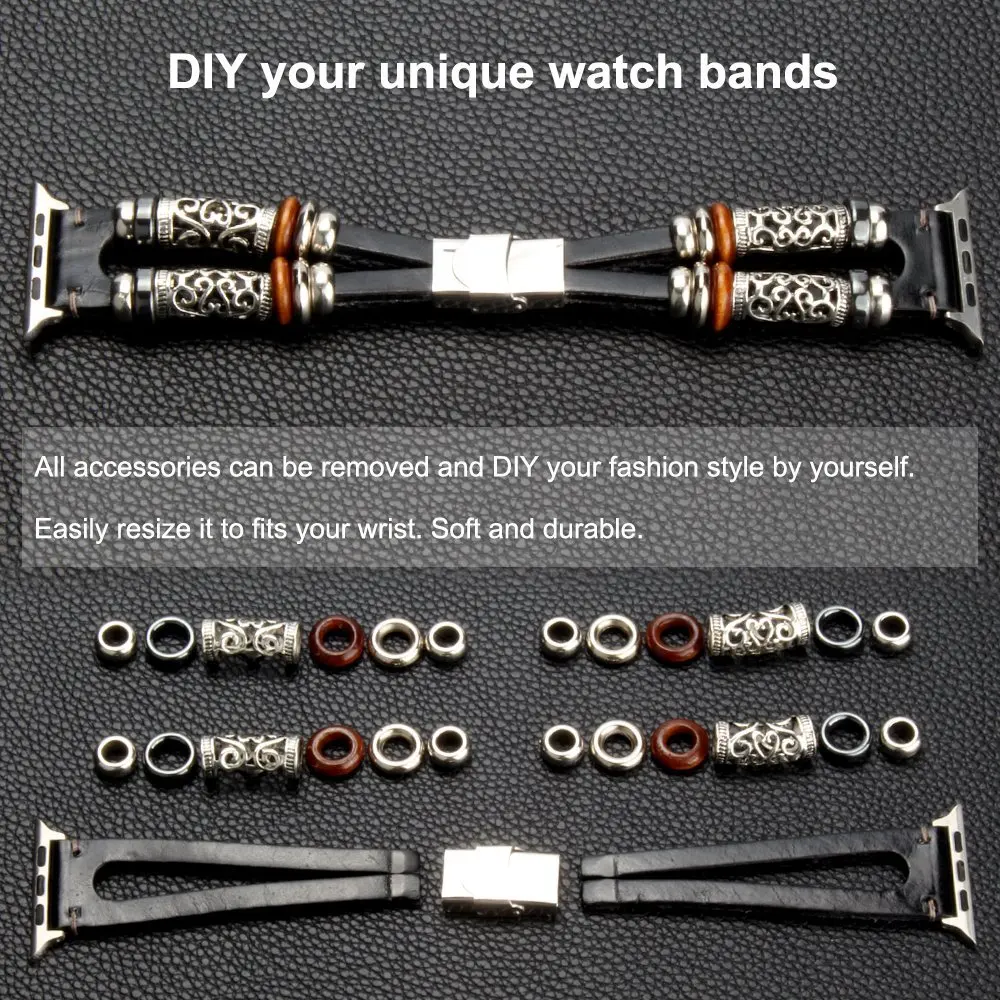 For Apple Watch Series 5 4 3 2 Band Handmade Beads Retro Leather Bracelet Strap for iWatch 40mm 44mm 38mm42mm Wristband Belt