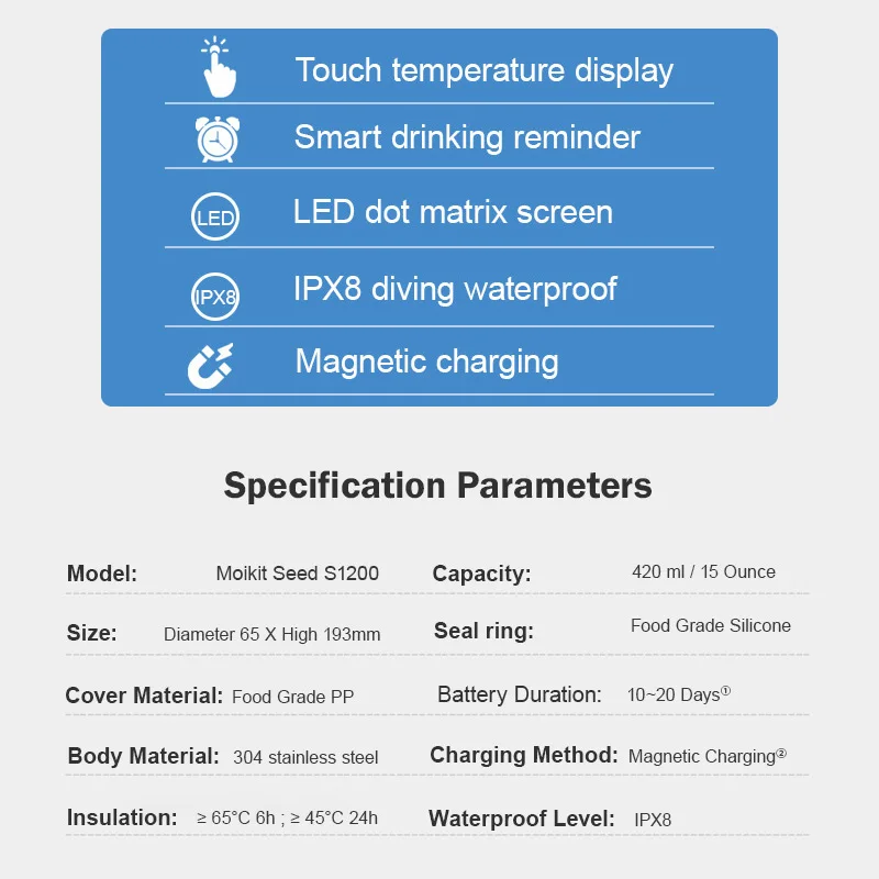 Смарт напоминание IPX8 водонепроницаемый термос чашка бутылка для воды чай