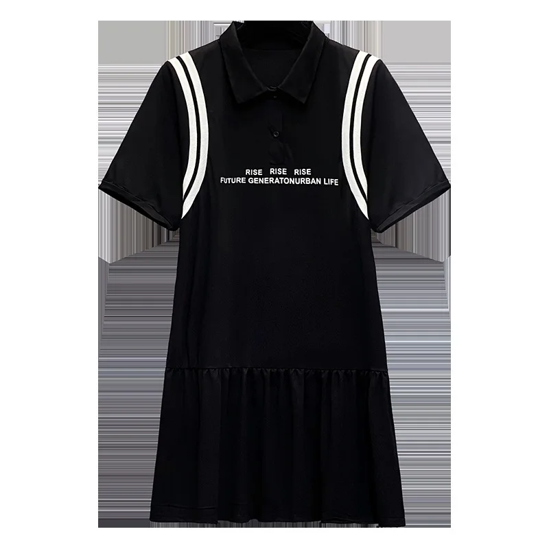 

Summer Casual Letter Print Ruffles Dress Simple Turn-Down Collar Short Sleeve Student Dress 2021 New Large Size Ladies Clothes