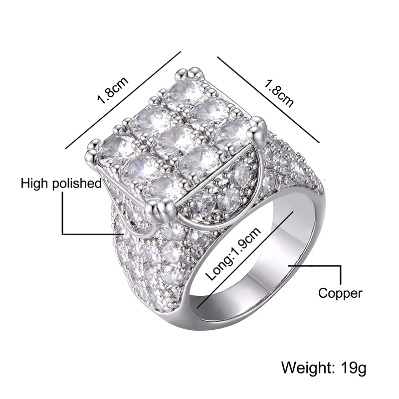 Хип хоп полный кубический подвеска с цирконом Iced Out Bling популярный Tready квадратный медь циркон кольцо для мужчин ювелирные изделия золото серебро Размер 8-11