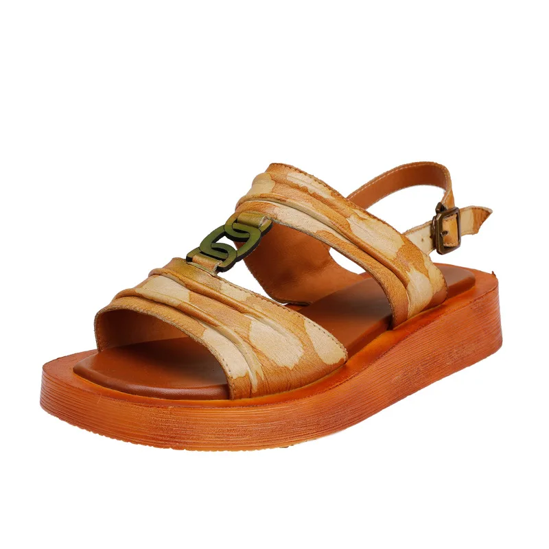 

2021 new style leather polished retro small chain soft bottom fish mouth women's casual sandals