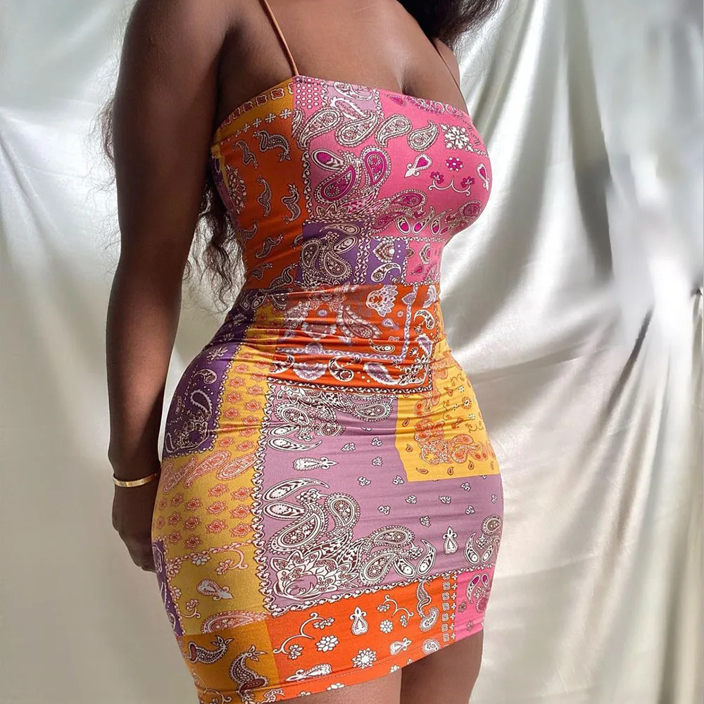 

Женское мини-платье с банданой и принтом, облегающее платье без рукавов на бретелях-спагетти, пикантное Клубное вечерние платье на лето
