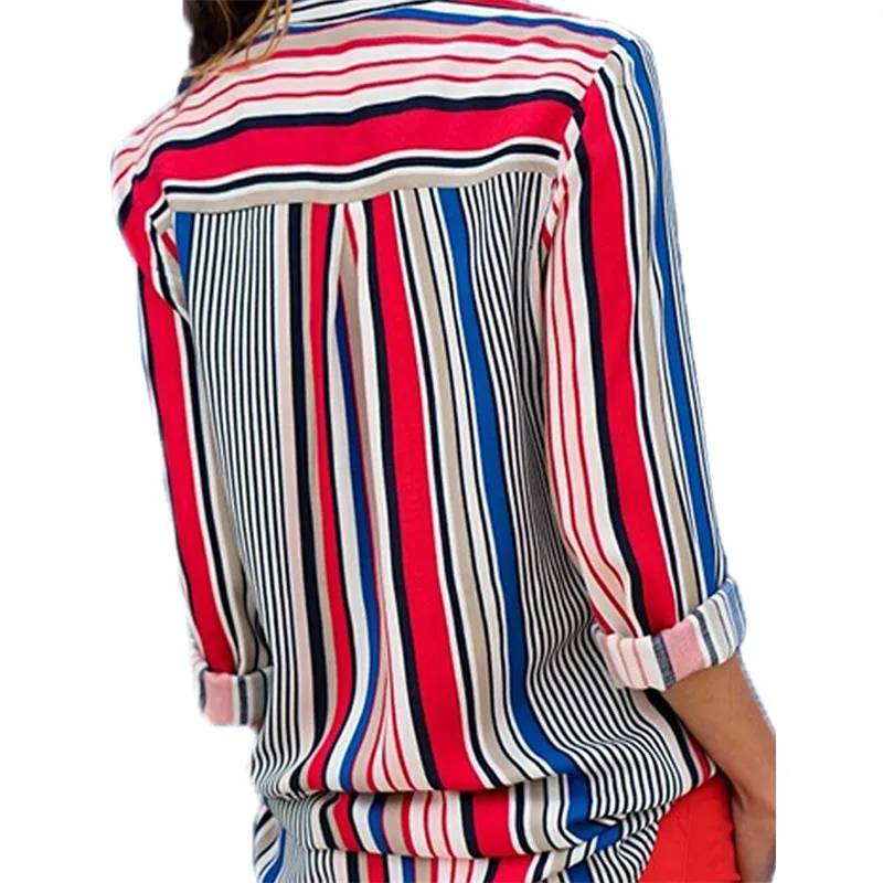 

Summer Striped Print Slim Womens Blouses Tops Fashion Office Ladies Turn Down Collar Button Long Sleeve Shirts Casual Plus Size