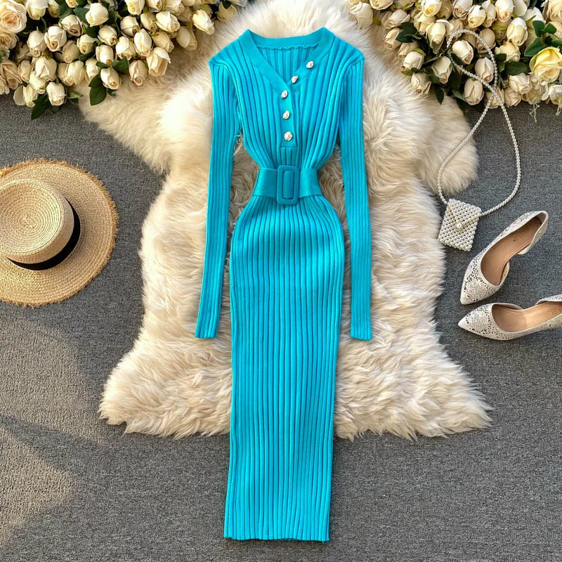 

Lady Knitted Sweater Dress 2020 Women New Fashion Autumn Winter Thin Pit Long-sleeved Solid Color Package Hip Vestidos Q435