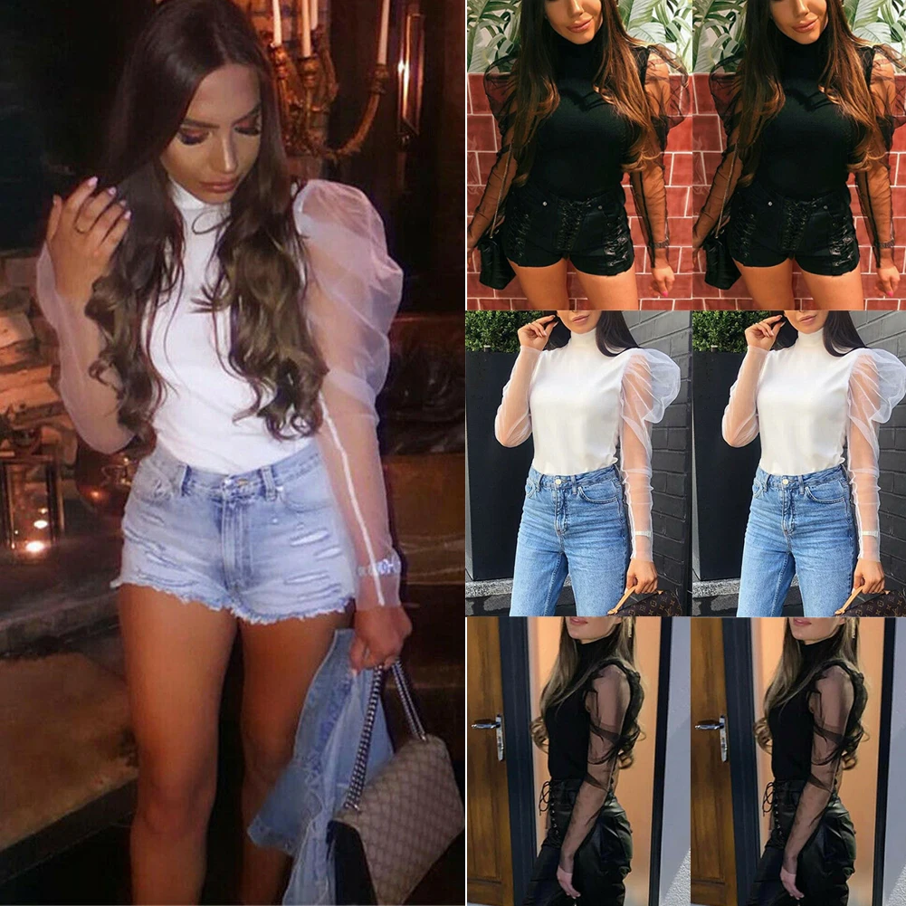 

Новинка, Женская футболка из органзы с длинным пышным рукавом, элегантные белые и черные сетчатые топы, футболка, повседневные футболки с вы...