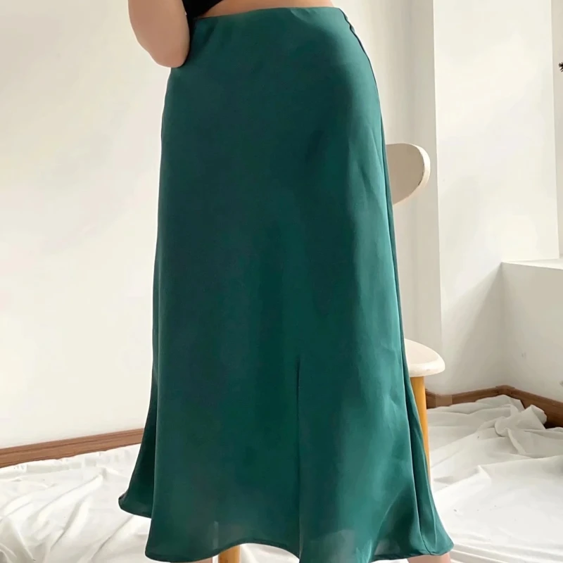 

Solid Satin Elastic waist Women Midi Skirt 2020 New Fashion Casual Lady Slim A-Line Skirts P1596