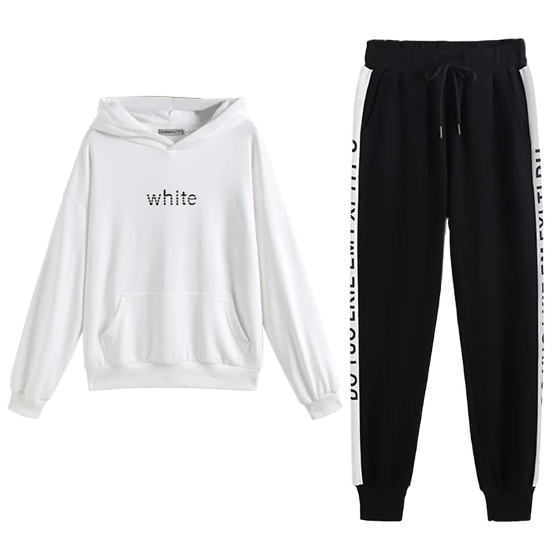 

Casual 2 Piece Sets Loose Hooded Sweater White Black Solid Color Two Piece Set Spring Autumn Fashion Clothes