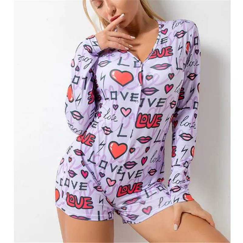 

Sexy V Neck Printed Bodysuit Women Skinny Long Sleeve Buttons Rompers Womens Jumpsuit 2020 Casual One-pieces Bodysuits Homewear
