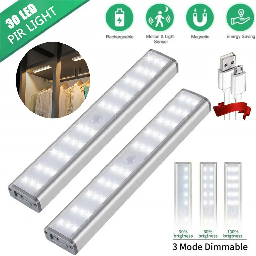 

2PCS 30 Leds PIR LED Motion Sensor Light Cupboard Wardrobe Bed Lamp LED Under Cabinet Night Light For Closet Stairs Kitchen