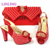 italian design nigerian newest fashion red color party women shoes and bag set with flower shape crystal decoration