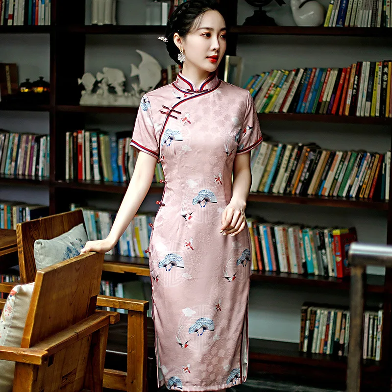 

Sexy Chinese Satin Print Flower Women Qipao Large Size 3xl 4xl Cheongsam Wedding Party Dress Gown Mid Length Elegant Vestidos