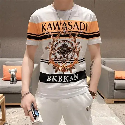 

2021 Fashion Trend Digital Printing Round Neck Color Matching Short-sleeved T-shirt European and American Style Half-sleeved Men