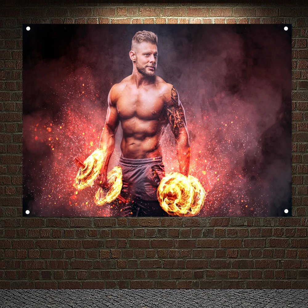 

Fire Muscular Man Exercising With Dumbbell Exercise Poster Wall Art Handsome Shirtless Tattooed Bodybuilder Banner Gym Decor