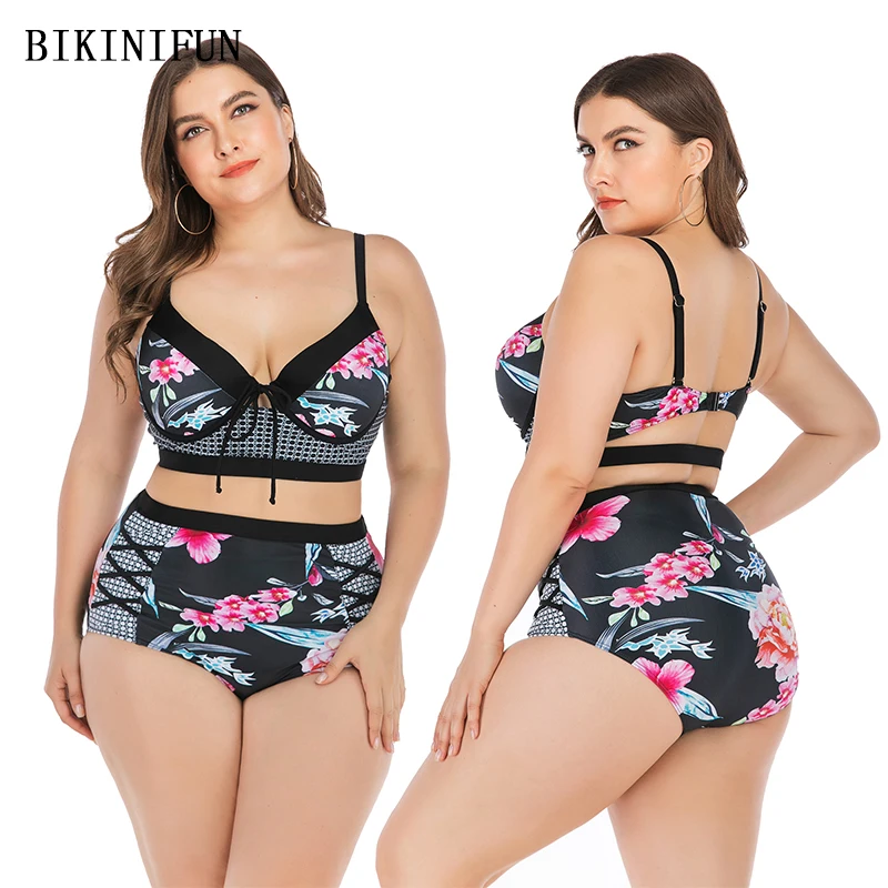 

New Sexy Plus Size Swimsuit Floarl Checkered Bikini Women String Backless Bathing Suit L-4XL Girl High Waist Swimwear Bikini Set