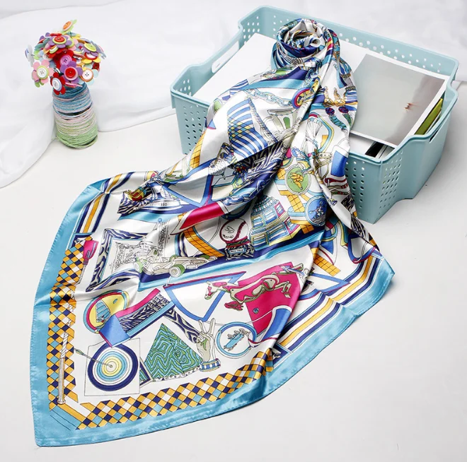 

90*90cm Silk painting Scarves Women Foulard Square Head Hijab Scarf Ladies Satiny Shawl wrap muffler pareo female hijab poncho