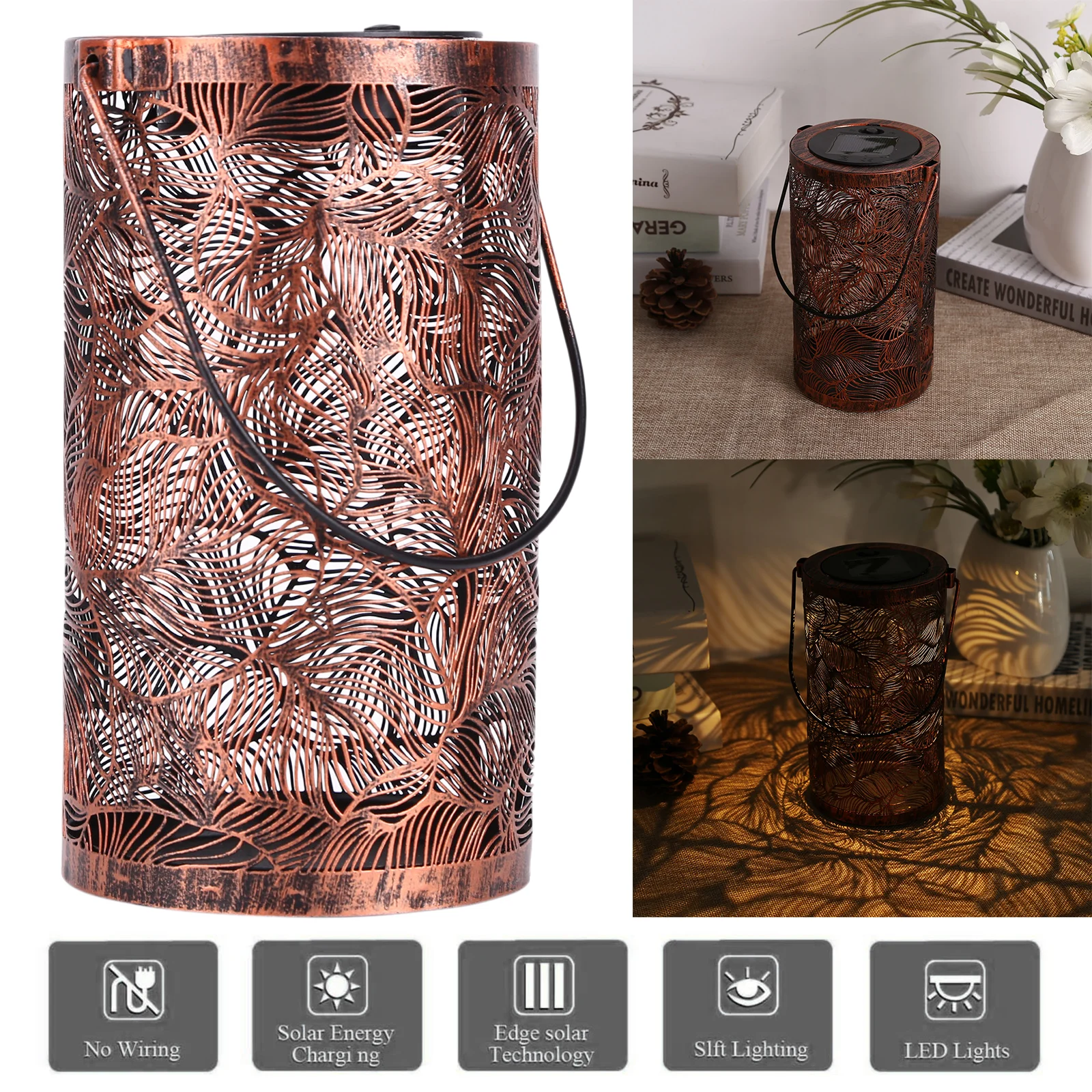 

Solar Lantern Outdoor, Retro Metal Solar Powered LED Hanging Lights with Handle, Waterproof, Leaf Pattern for Garden Decorative