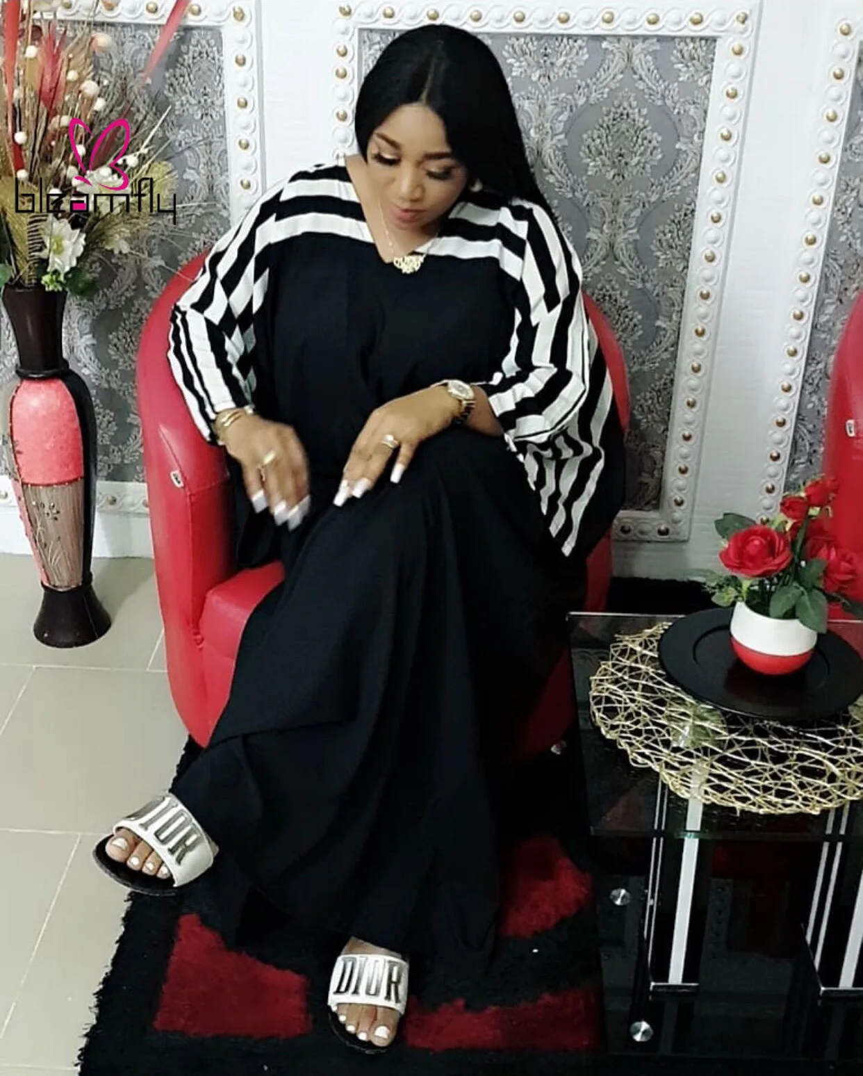 Новинка 2019 женское осеннее платье в полоску с рукавом летучая мышь и v-образным