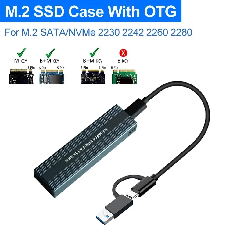 

Чехол для M.2 SSD, 10 Гбит/с, двойной протокол M2 NVMe Box с OTG,M.2 NVMe PCIe NGFF SATA M2 NVMe SSD, адаптер для M.2 SSD