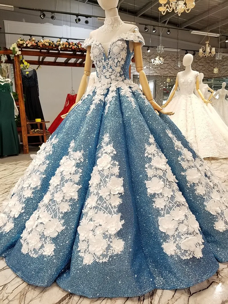 AnXin SH Luxury princess white rose flower blue lace beading pearls illusion boat neck glaring wedding dress 100% real photo