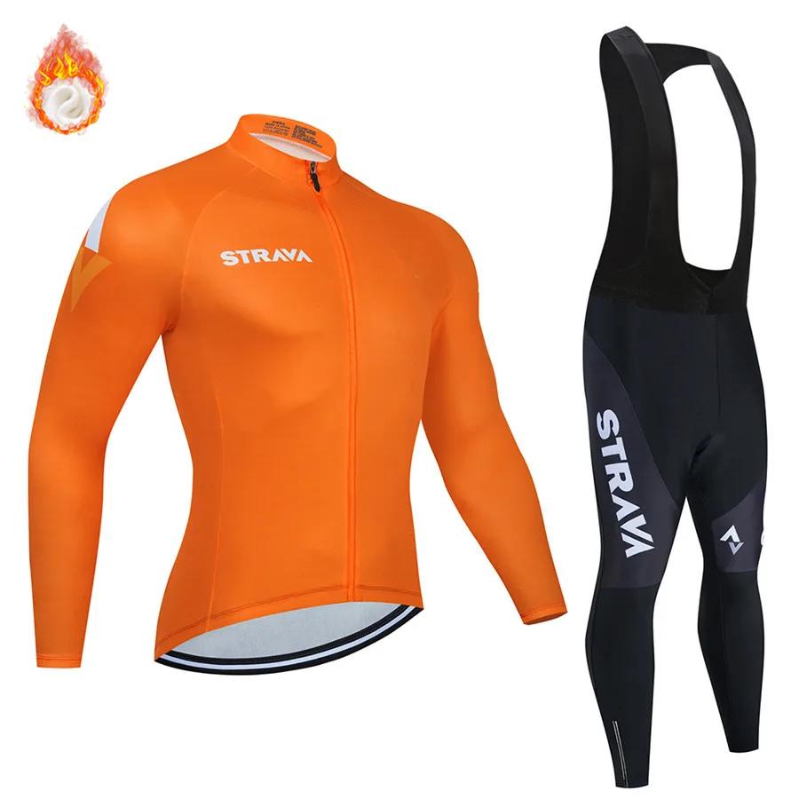 

2021 STRAVA Winter Thermal Fleece Cycling Jersey Set Men's Outdoor Riding MTB Ropa Ciclismo Bib Pants Set Cycling Clothing Warm
