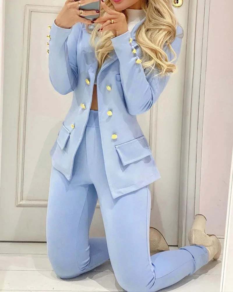 

Lapel Collar Double Breasted Flap Detail Blazer & Pants Set