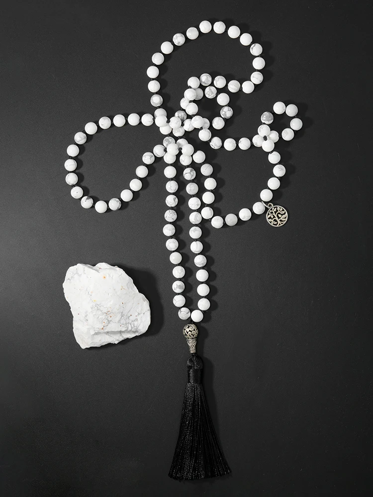 OAIITE 8 мм Howlite Mala 108 бусины ожерелье натуральный камень кисточка с узлом ручной