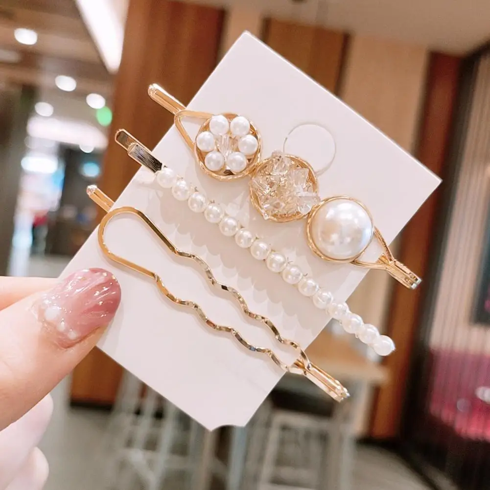 

3Pcs/Set Hair Clips Faux Pearl Inlaid Rhinestone Alloy Women Parties Styling Barrettes for Wedding