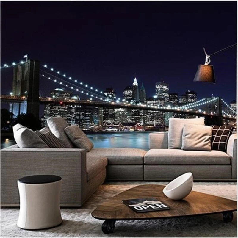 

Drop Shipping Custom The New Mural 3D Stereo New York Bridge Night Wallpaper Bedroom Sofa Wall Covering Wallpaper Murals