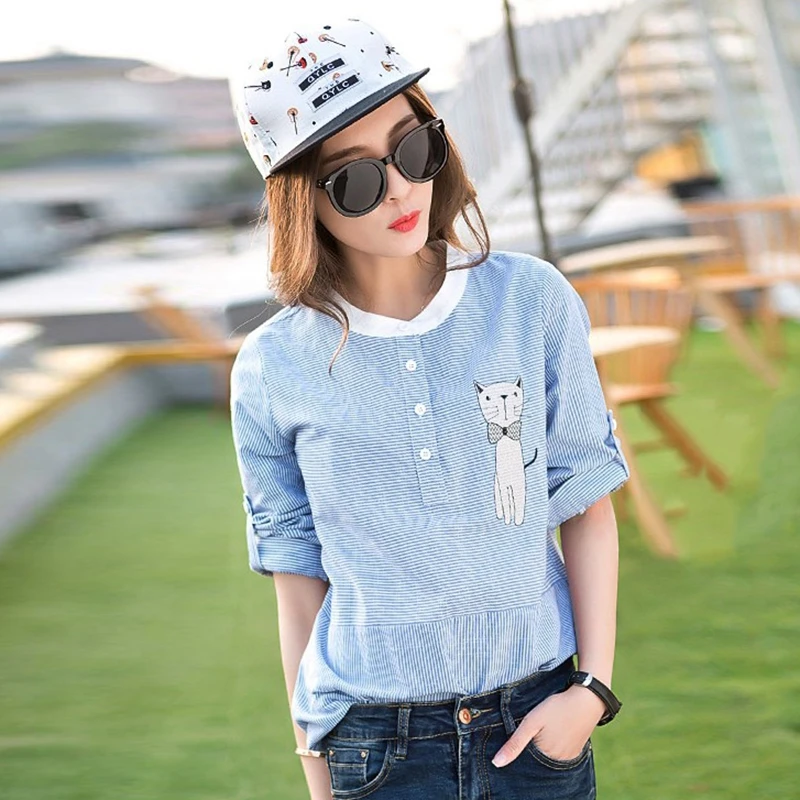 Женская блузка летняя для колледжа тонкая с вышивкой кота плюс размер в полоску