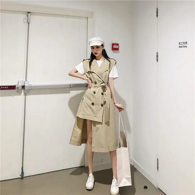 Осень 2020 Новый асимметричный плащ без рукавов в британском стиле Женский Длинный