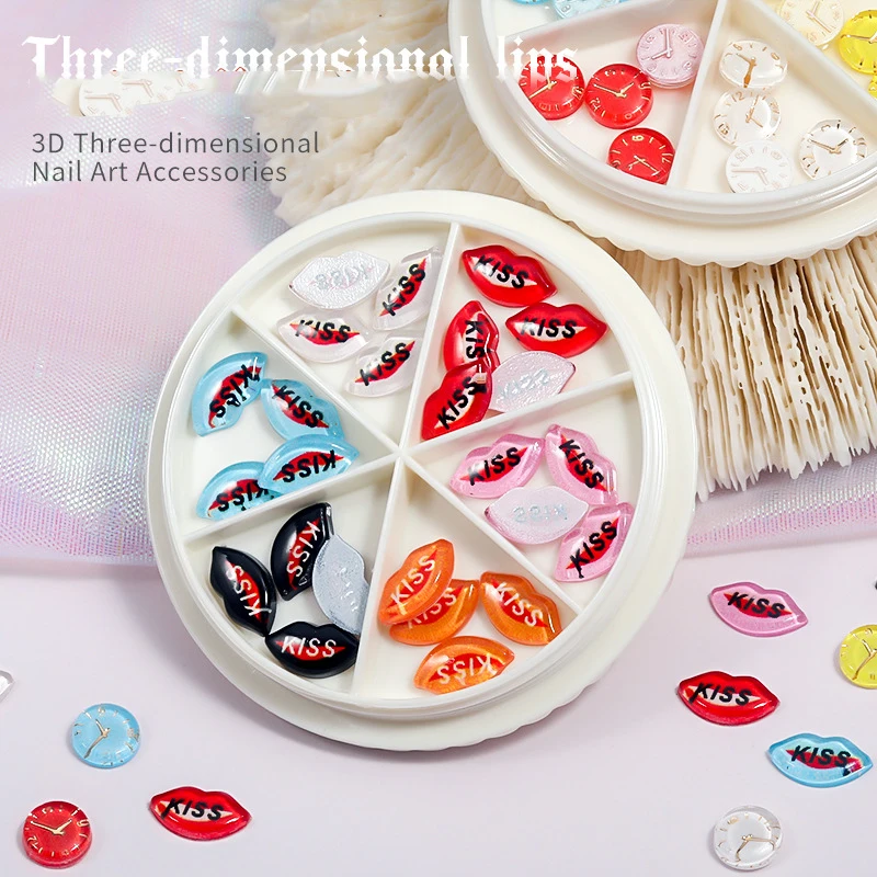 

Six Grid Turntable Color Resin Lips Nail Jewelry Sexy Kiss Mouth Three-dimensional 3D Fashion Nail DIY Decoration Nail Accesorio