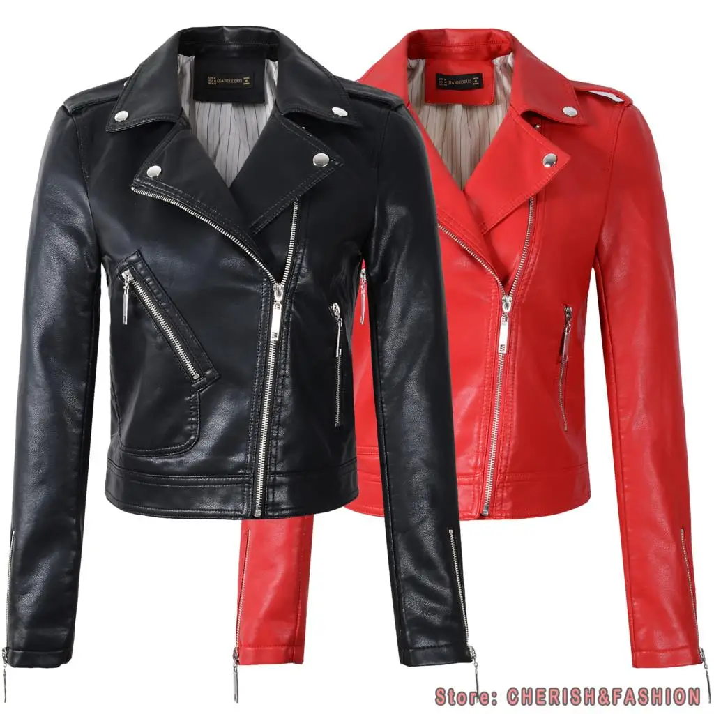 Pop Pop Fashion Women Spring Autumn Soft Faux Leather Jackets Lady Motorcyle Zippers Biker Red Coats Black Outerwear Hot Sale