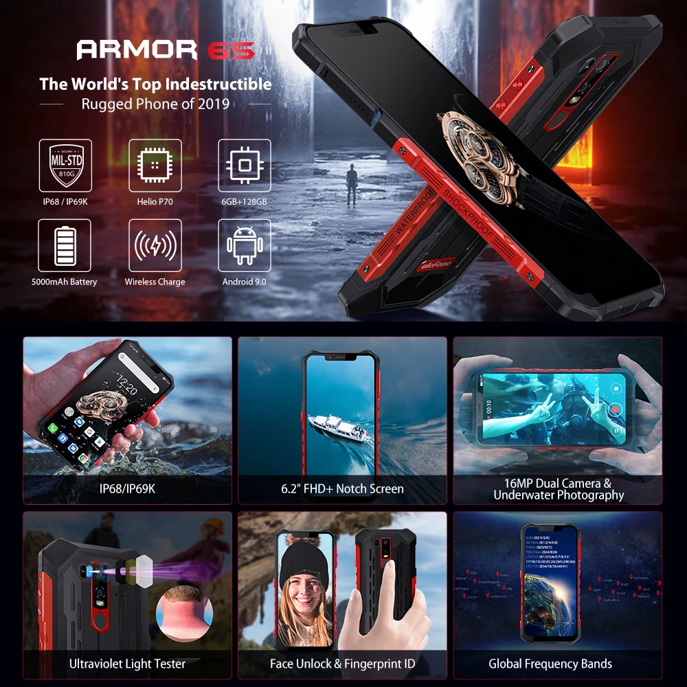 Защищенный мобильный телефон Ulefone Armor 6S водонепроницаемый IP68 NFC Helio P70 Otca-core Android 9 0 6